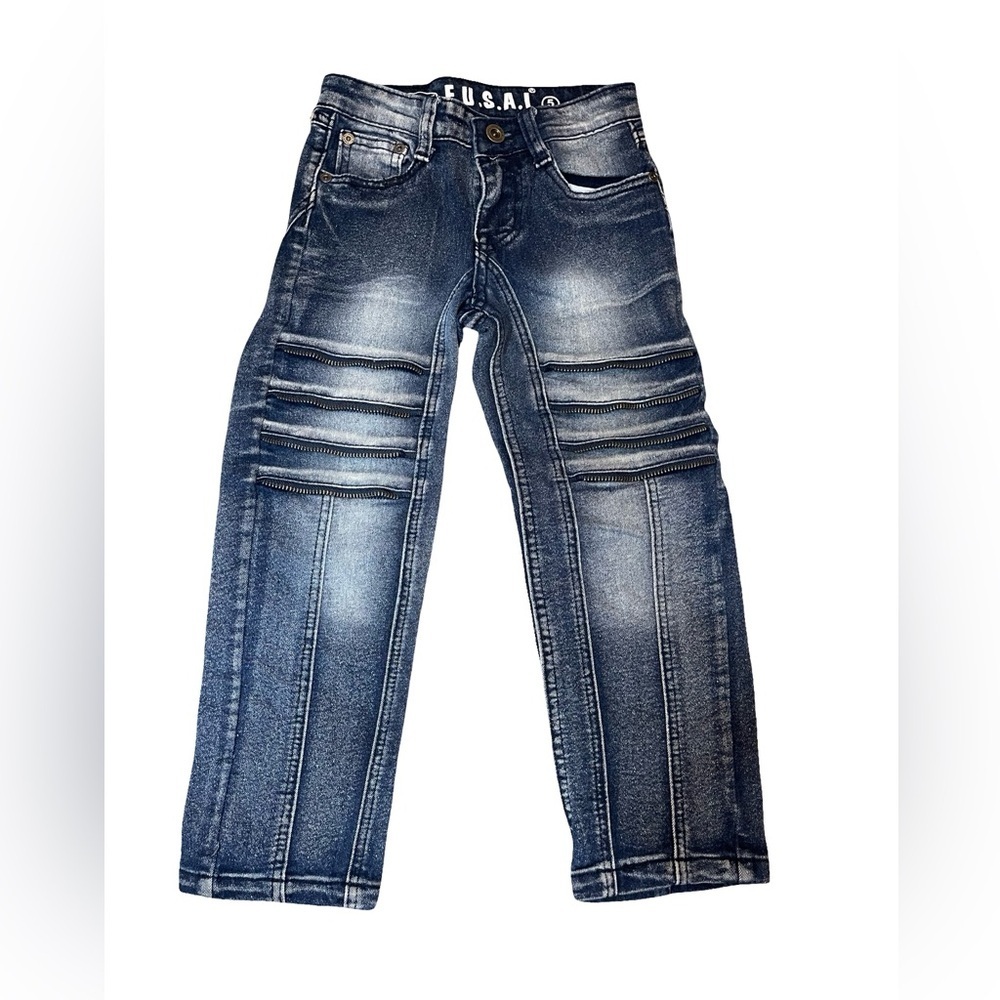Fusai stretch zipper design at knee burnout blue denim size kids 5/leather patch